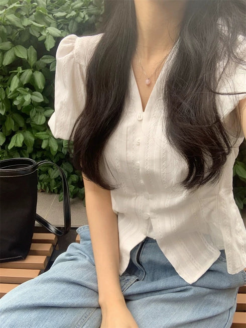 Puff Sleeves V-neck Casual Embroidered Tops